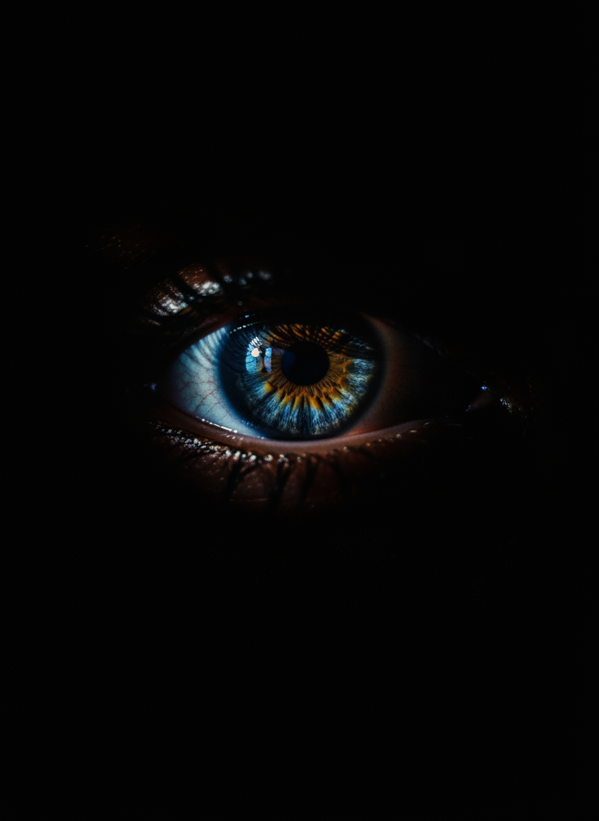 Een close-up van een menselijk oog in dramatisch licht-en-schaduwspel, de iris weerspiegelt een mysterieuze glinstering.