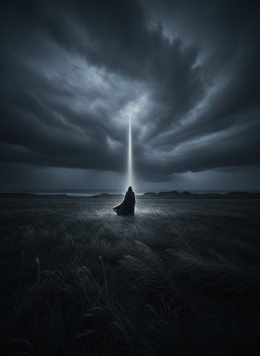 Een eenzame figuur staat in een donker veld onder een stormachtige nachtlucht, verlicht door een smalle lichtbundel die door de wolken breekt.