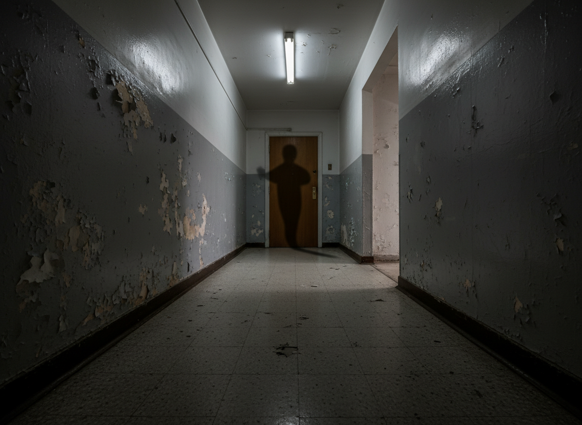 A narrow corridor in an old apartment building, captured in photographic realism, with peeling gray paint and an uneven, scuffed linoleum floor. At the far end, a single closed door is perfectly ordinary, but its shadow stretches unnaturally long across the hallway, bending subtly around a corner as if with a will of its own. The only light source is a flickering fluorescent tube overhead, casting harsh, uneven illumination that alternates between clarity and murk. The camera is placed low, looking straight down the corridor, with strong leading lines pulling the eye toward the door. The atmosphere feels claustrophobic and uncertain, evoking the unsettling experience of everyday spaces becoming distorted through psychotic perception without relying on caricature or horror tropes.