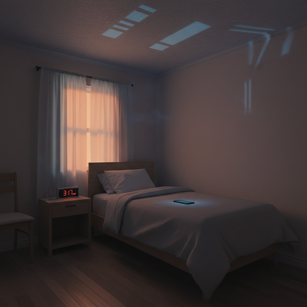 A small, sparsely furnished bedroom at night, photographed in realistic detail, with a neatly made bed and a plain nightstand holding a digital alarm clock and a half-finished glass of water. The room appears ordinary, but the shadows cast by the furniture climb the walls in subtle, almost imperceptible waves, as if breathing. Through thin curtains, the orange glow of a streetlamp seeps in, mixing with the cool blue of a phone screen lying face-up on the bed, its notifications casting faint, shifting reflections on the ceiling. Captured from a corner of the room at eye level, with moderate depth of field, the composition balances stillness and quiet tension, evoking the lonely, sleepless hours when psychotic thoughts and perceptions often feel most intrusive yet remain invisibly internal.