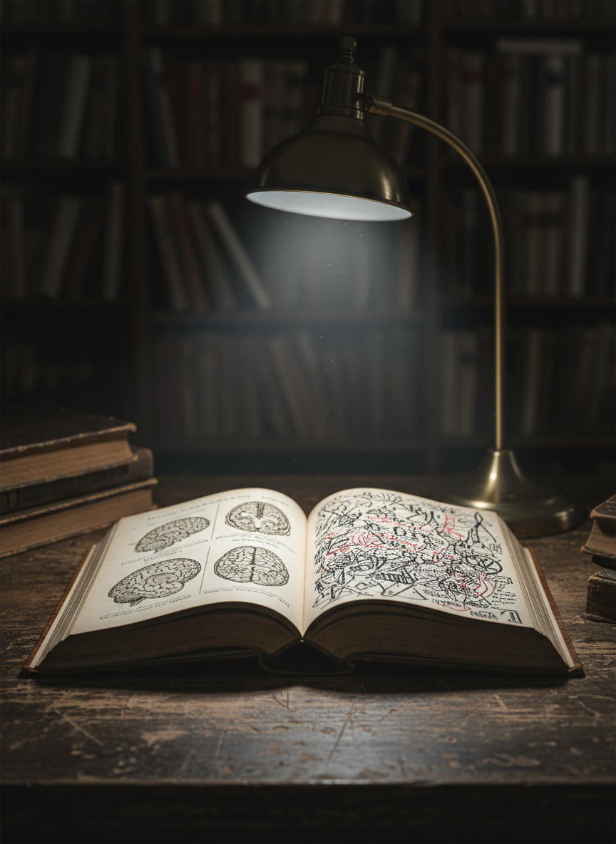 A worn, dark leather-bound book lies open on a scratched wooden desk in a dim room, its yellowed pages gently curled as if often revisited. One page shows orderly, printed medical diagrams of a human brain; the opposite page is filled with chaotic, hand-drawn symbols and overlapping lines that seem to spill off the margins. A lone metal desk lamp casts a cold, focused beam of light, creating deep shadows that swallow the corners of the room. Photographic realism, shot at eye level with a shallow depth of field so the edges of the book and the distant shelves blur, conveying a tense, introspective mood that hints at the fragile border between clinical understanding and lived inner turmoil of psychosis.