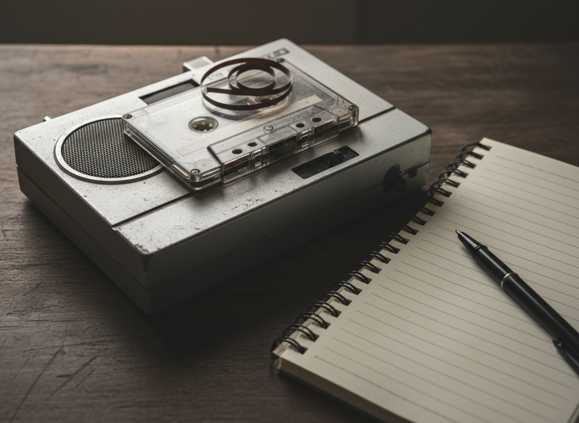 An old tape recorder rests on a dark wooden table, photographed in close-up with hyper-real clarity. Its metal casing is scratched and dulled, the tiny speaker grille dotted with dust. A transparent cassette inside shows tangled, slightly twisted magnetic tape, suggesting years of rewinding and recording. Beside it lies a lined notebook open to a blank page, a pen resting diagonally across as if awaiting words. Soft, overcast light from a nearby window falls across the scene, creating gentle, melancholic shadows and highlighting the fine textures of the materials. Shot from a slightly elevated angle with shallow depth of field so the background fades into an indistinct blur. The mood is intimate and somber, hinting at attempts to document, remember, and make sense of psychotic experiences without showing any people or written text content.